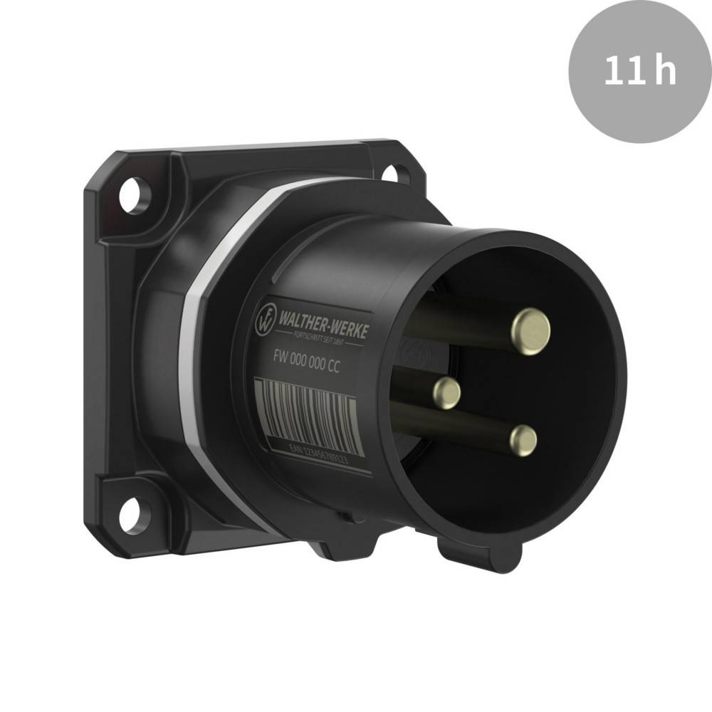 „Eine schwarze industrielle Elektrosteckdose mit drei goldenen Kontaktpunkten, montiert auf einer quadratischen Basis, beschriftet mit Markendetails und ‚11h'.