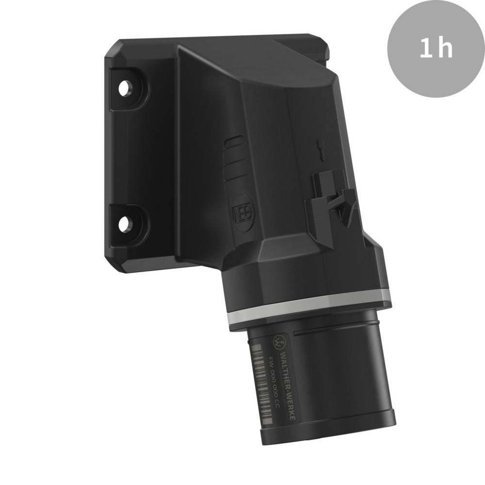 Eine schwarze, wandmontierte kameraähnliche Vorrichtung, die teilweise zylindrisch mit einer flachen Basis ist, wird vor einem weißen Hintergrund gezeigt.