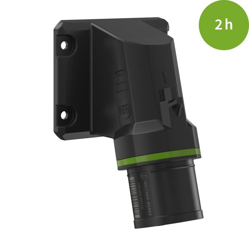 Eine schwarze wandmontierte Ladegerät mit einem grünen Akzent und '2h' in einem grünen Kreis, der eine zweistündige Ladezeit anzeigt.