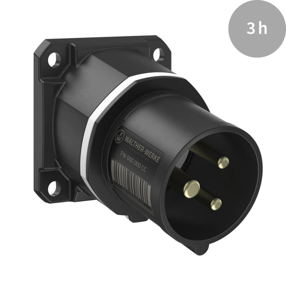 Eine schwarze industrielle Elektrosteckdose zur Wandmontage mit drei zylindrischen Stiften; in der Ecke mit '3h' gekennzeichnet.