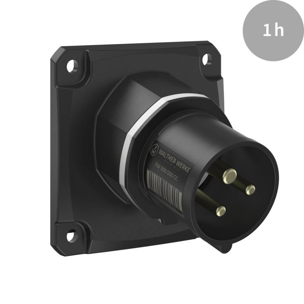 Ein schwarzer industrieller Stromverbinder, montiert auf einer quadratischen Grundplatte, mit der Beschriftung '1h' in der oberen rechten Ecke, was auf einen zeitbezogenen Kontext hindeutet.