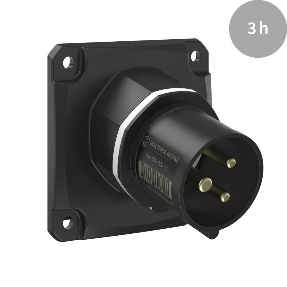Industriestecker mit 3-Stunden-Bewertung auf quadratischer Grundfläche mit drei runden Stiften für eine sichere Stromverbindung.