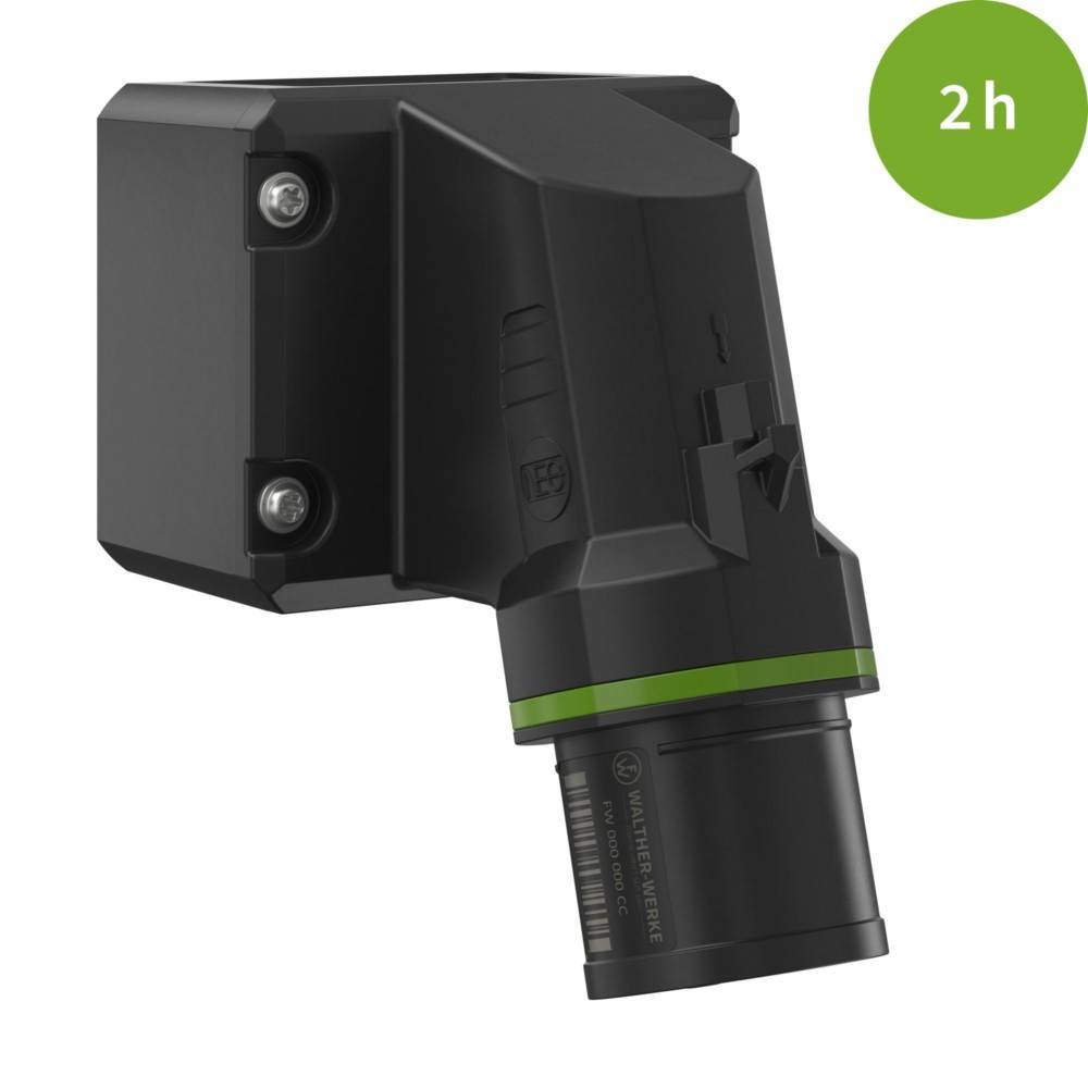 Ein schwarzes Ladegerät mit grünen Akzenten, das '2h' in einem grünen Kreis zeigt.