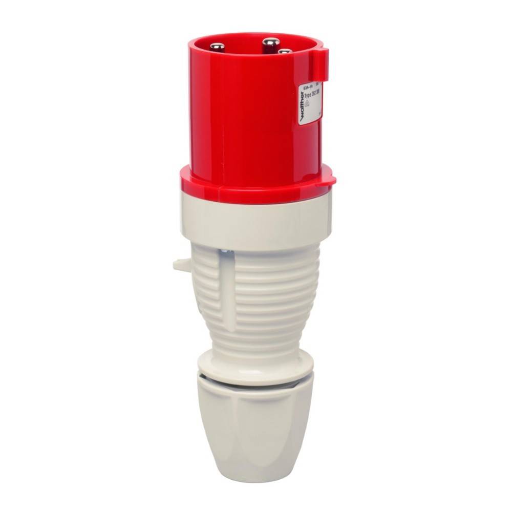 Ein roter und weißer industrieller Stecker, zylindrisch mit gerippter Textur, für robuste elektrische Verbindungen.