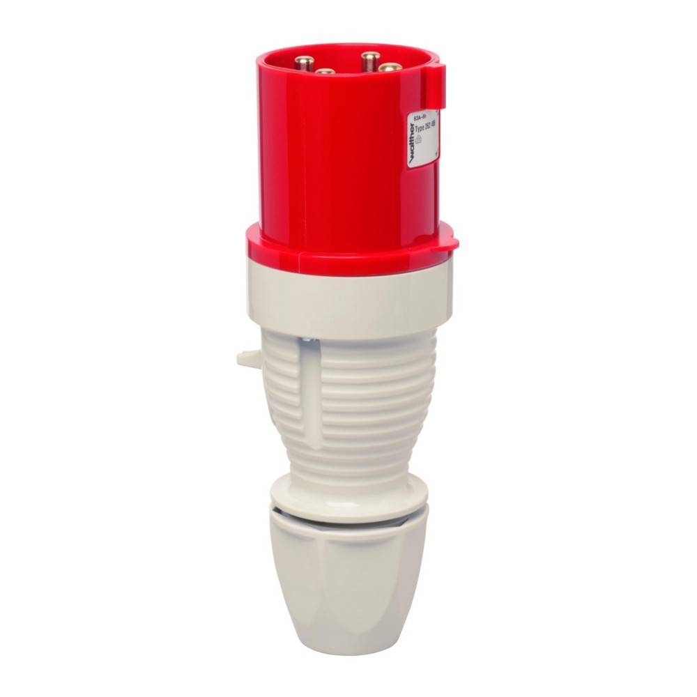 Ein roter und weißer industrieller Elektrostecker mit mehreren Pins, der für robuste Verbindungen konzipiert ist, auf einem schlichten weißen Hintergrund.