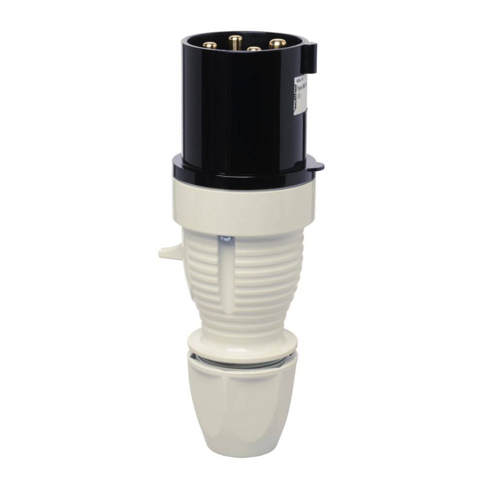 Ein schwarzer und weißer industrieller elektrischer Steckverbinder mit mehreren Metallstiften, konzipiert für robuste Stromversorgungsanwendungen.