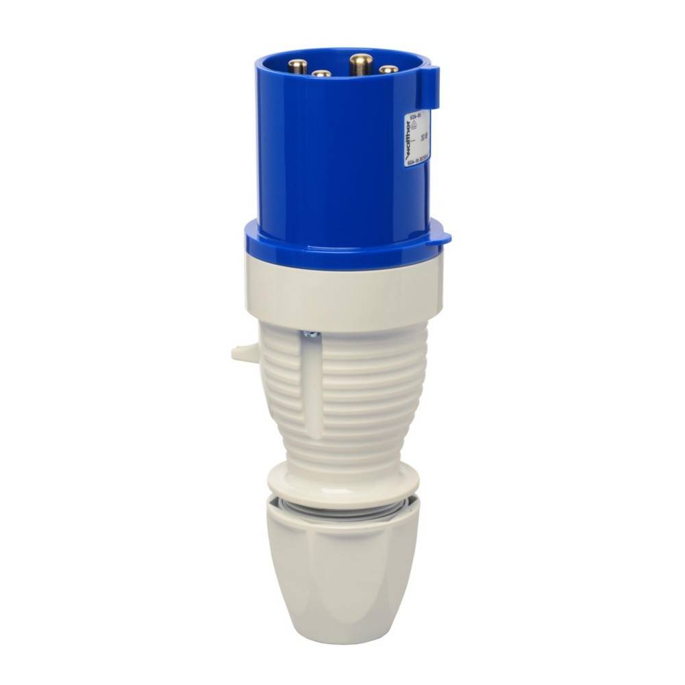 Ein blau-weißer industrieller Elektroanschluss mit geripptem Verbinder, der mehrere Stifte im oberen Bereich aufweist.