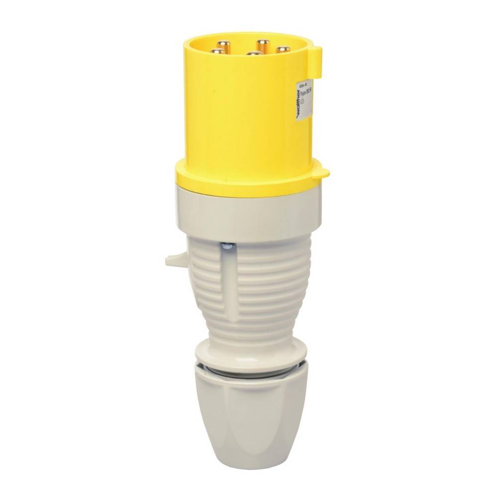 Ein gelber industrieller Elektroanschluss mit geripptem Griff, für Schwerlastanwendungen konzipiert, steht aufrecht auf einem weißen Hintergrund.