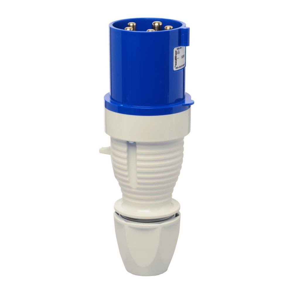 Industrieller Stromverbinder mit einer blauen und weißen Gehäuse. Verfügt über mehrere Metallstifte für Hochspannungs-Elektroanschlüsse.