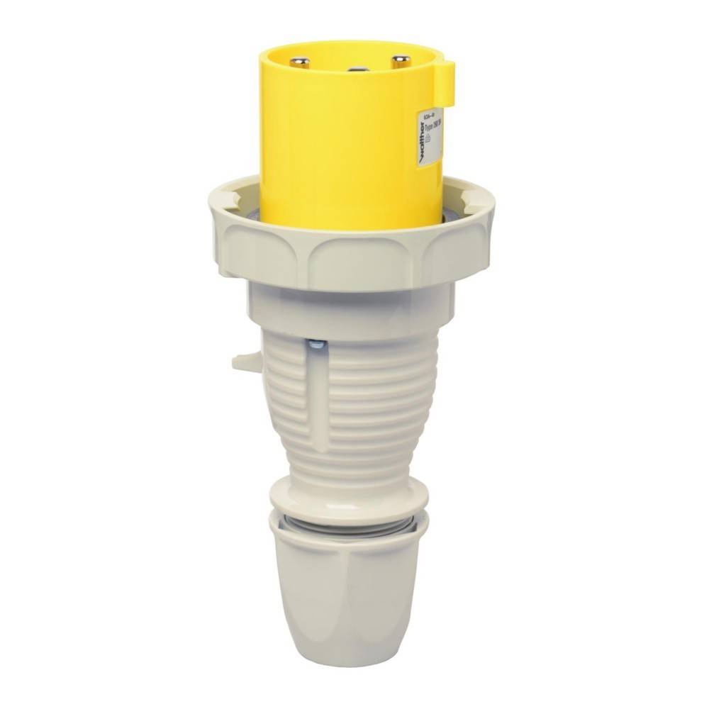 Ein gelber und grauer industrieller Steckadapter mit geripptem Design, verwendet für elektrische Verbindungen.