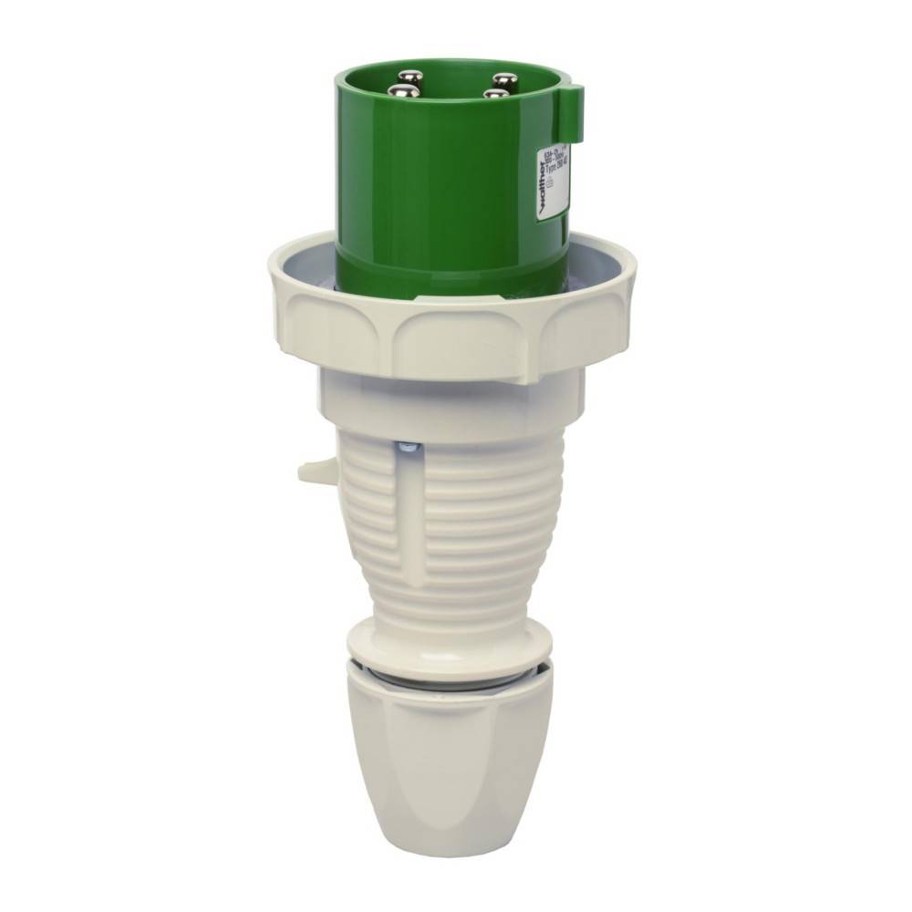 Grüner und weißer industrieller Stecker mit drei Metallstiften, konzipiert für Hochspannungsverbindungen, vor einem schlichten Hintergrund abgebildet.