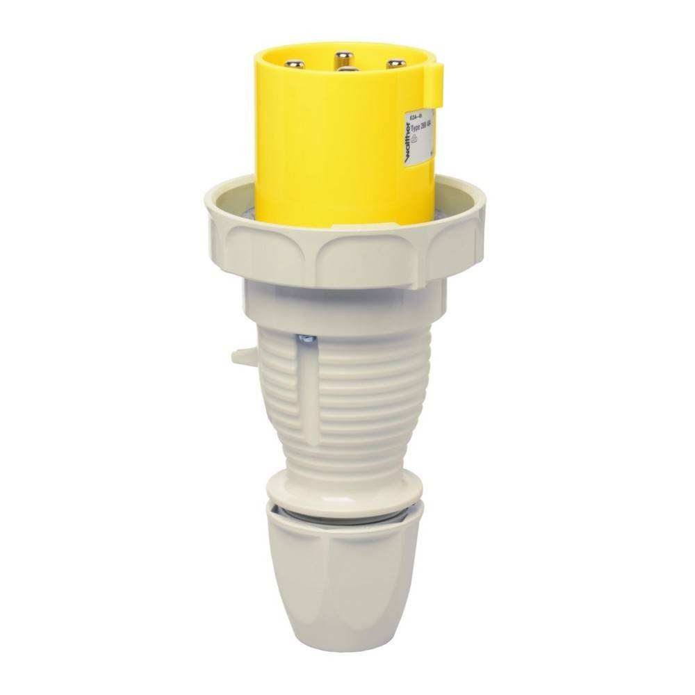 Industrieller Elektrostecker mit gelber Oberseite, beigefarbenem geripptem Gehäuse und Schutzmantel. Verwendet für robuste Stromverbindungen.