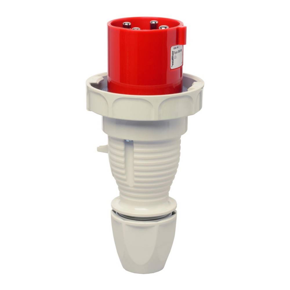 Ein industrieller rot-weißer elektrischer Steckverbinder mit robustem Design, der häufig für Hochleistungsverbindungen in industriellen Umgebungen verwendet wird.