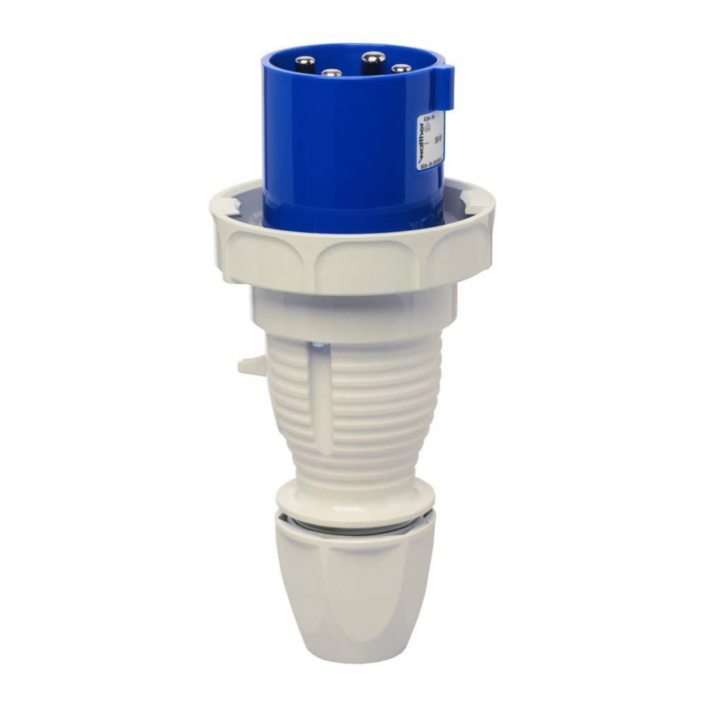 Ein blau-weißer industrieller Elektrostecker mit einer zylindrischen Form und mehreren Metallstiften, konzipiert für robuste Verbindungen.