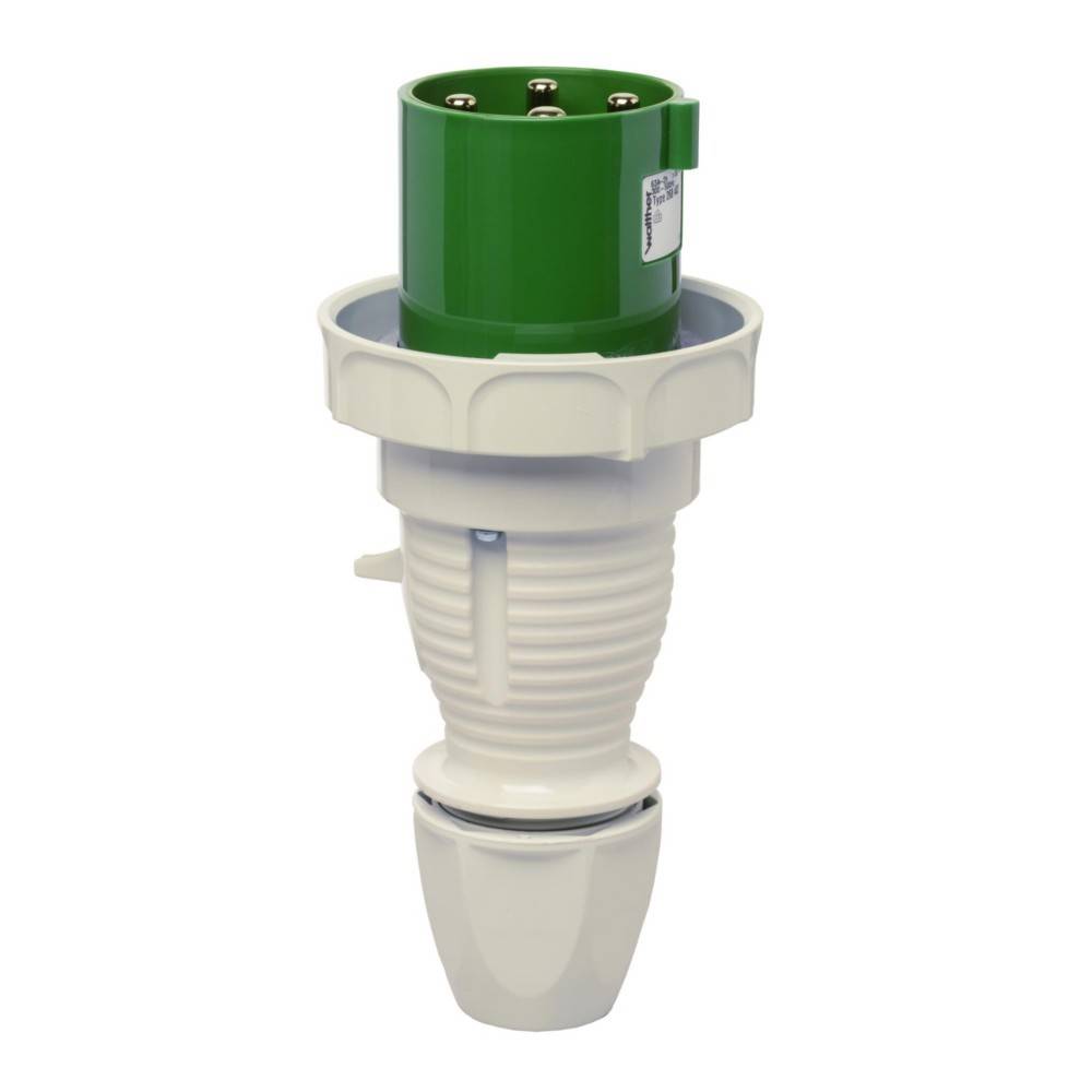 Ein weißer und grüner industrieller elektrischer Verbinder mit gerippter Griffoberfläche, verwendet für robuste Stromverbindungen.