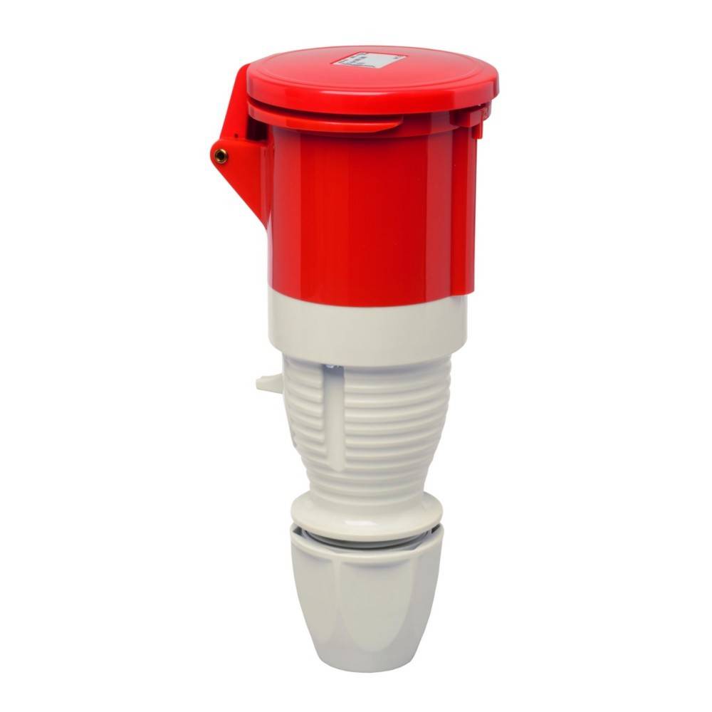 Ein roter und weißer industrieller Stecker mit zylindrischer Gestaltung, ausgestattet mit einem Verriegelungsmechanismus und einem robusten Gehäuse für elektrische Verbindungen unter Extrembedingungen.