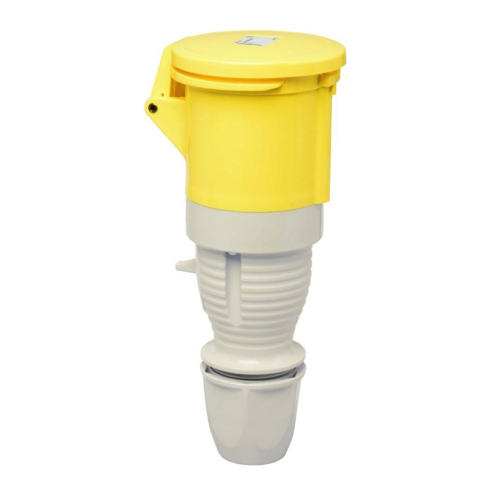 Gelber Industriestecker mit Schutzdeckel, entwickelt für robuste elektrische Verbindungen, auf weißem Hintergrund isoliert dargestellt.