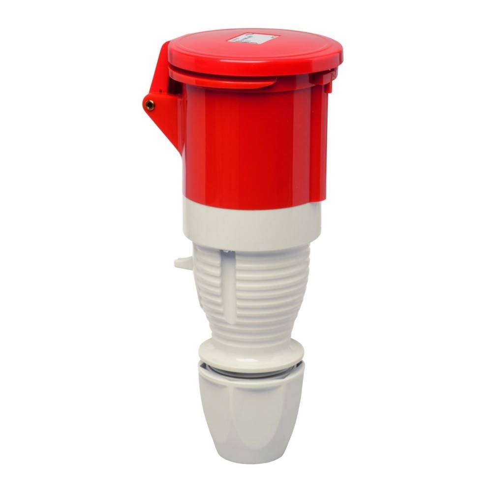Ein roter und weißer industrieller Elektroanschluss mit Schutzabdeckung, konzipiert für robuste Verbindungen.