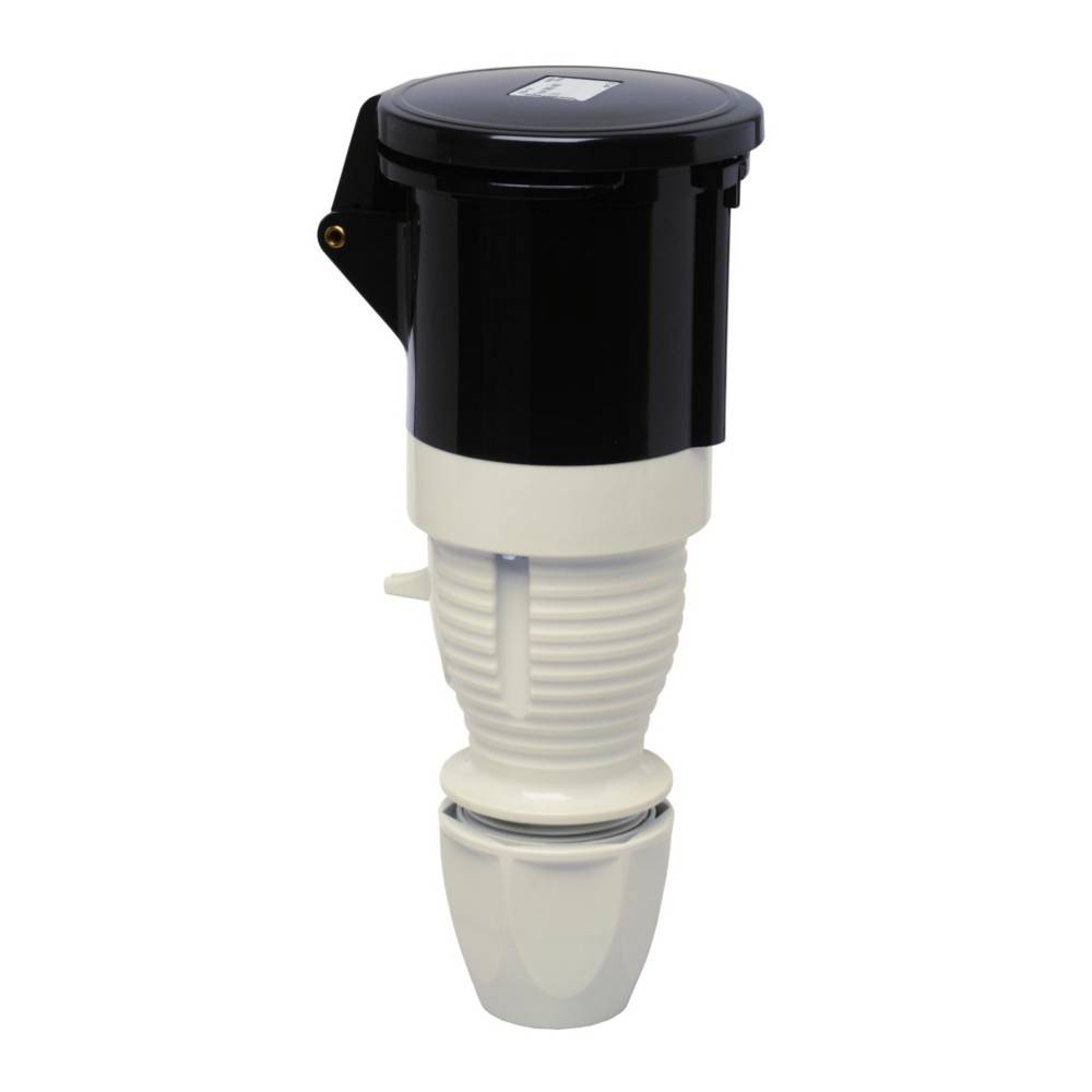 Eine weiße und schwarze marine Toilettenpumpeneinheit, die für Bootstoiletten konzipiert ist und eine kompakte, vertikal ausgerichtete Konstruktion mit unterschiedlichen Abschnitten aufweist.