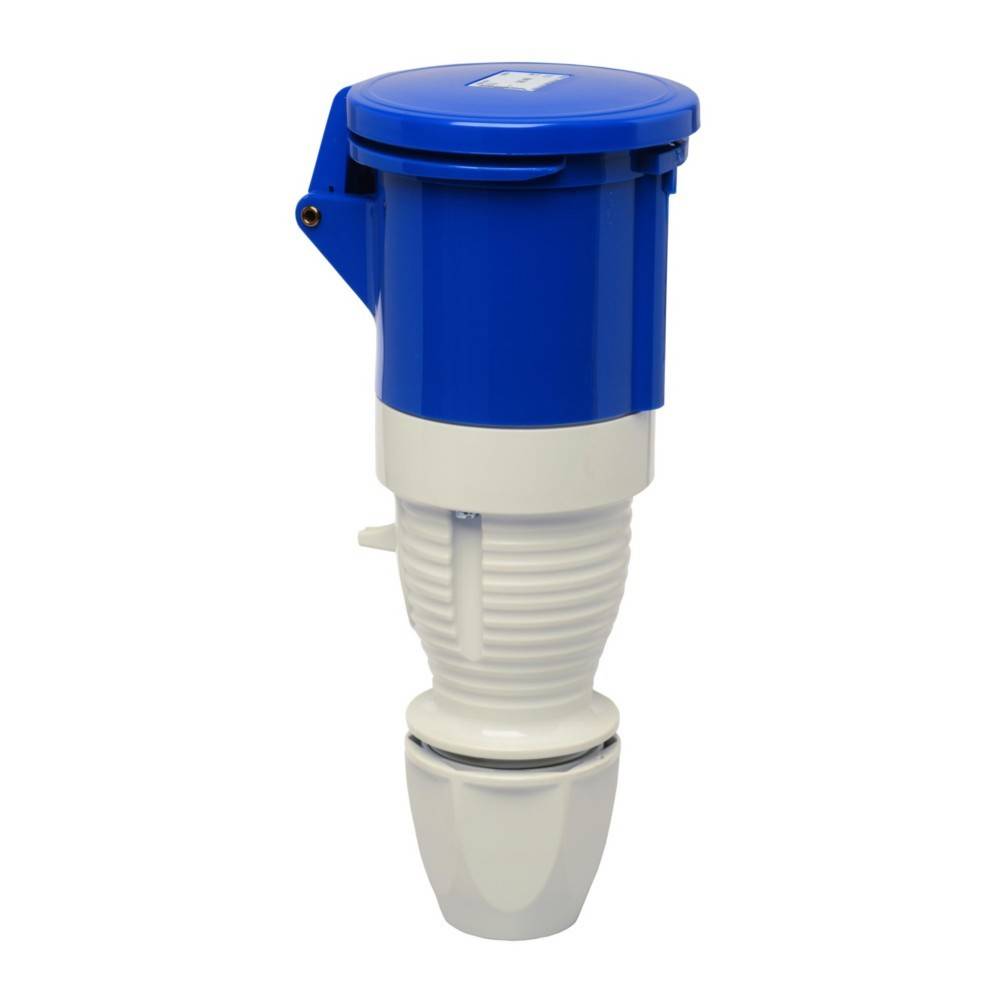 Ein blau-weißer elektrischer Verbindungsstecker für industrielle Anwendungen, der vor einem einfarbigen Hintergrund dargestellt wird.