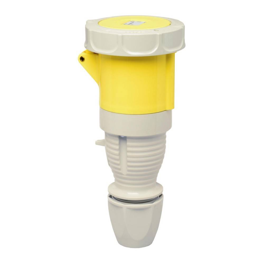 Ein gelber und grauer industrieller Stromstecker mit einer zylindrischen Gestaltung.