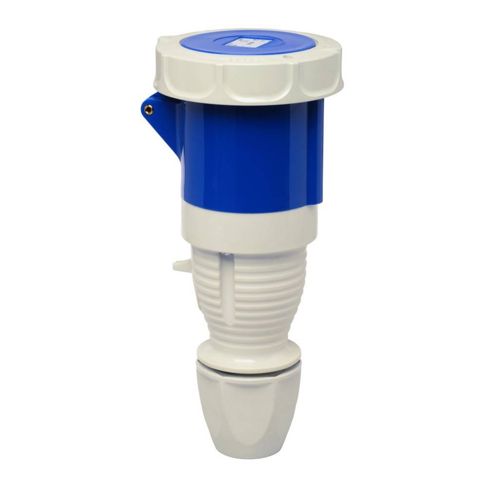 Ein blau-weißer industrieller Stromverbinder mit klappbarem Deckel, konzipiert für robuste elektrische Anwendungen.