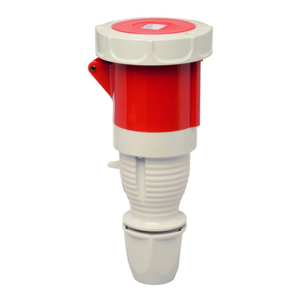 Roter und weißer Industriestecker, verwendet für robuste elektrische Verbindungen.