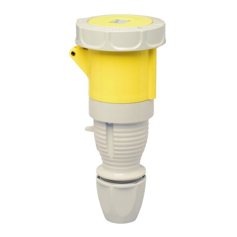 Ein gelber und grauer industrieller Stecker mit einer Schutzkappe, der zum Anschluss schwerer elektrischer Geräte verwendet wird.