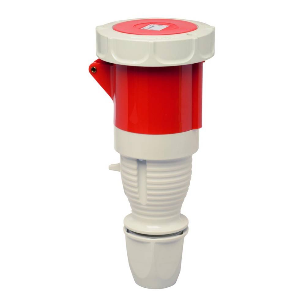 Rot-weißer Industriestecker mit zylindrischem Gehäuse und Drehverriegelungsmechanismus, konzipiert für robuste elektrische Verbindungen.