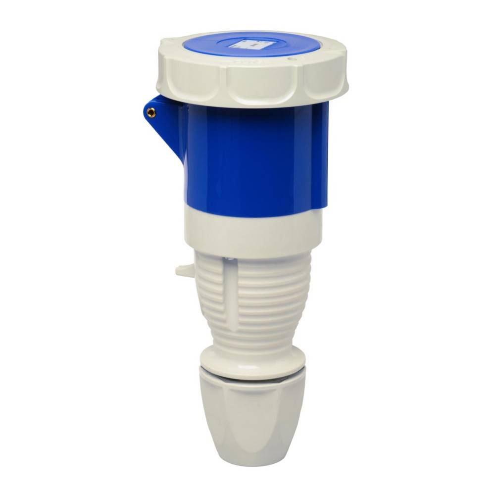 Ein blau-weißer industrieller Elektrostecker mit Schutzkappe, konzipiert für robuste Stromverbindungen, vor weißem Hintergrund isoliert.