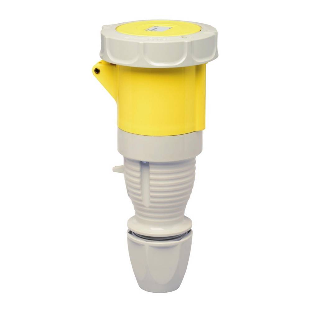 Ein gelber und grauer industrieller Stecker mit einer Schutzkappe, konzipiert für hochleistungsfähige elektrische Verbindungen in robuster Umgebung.