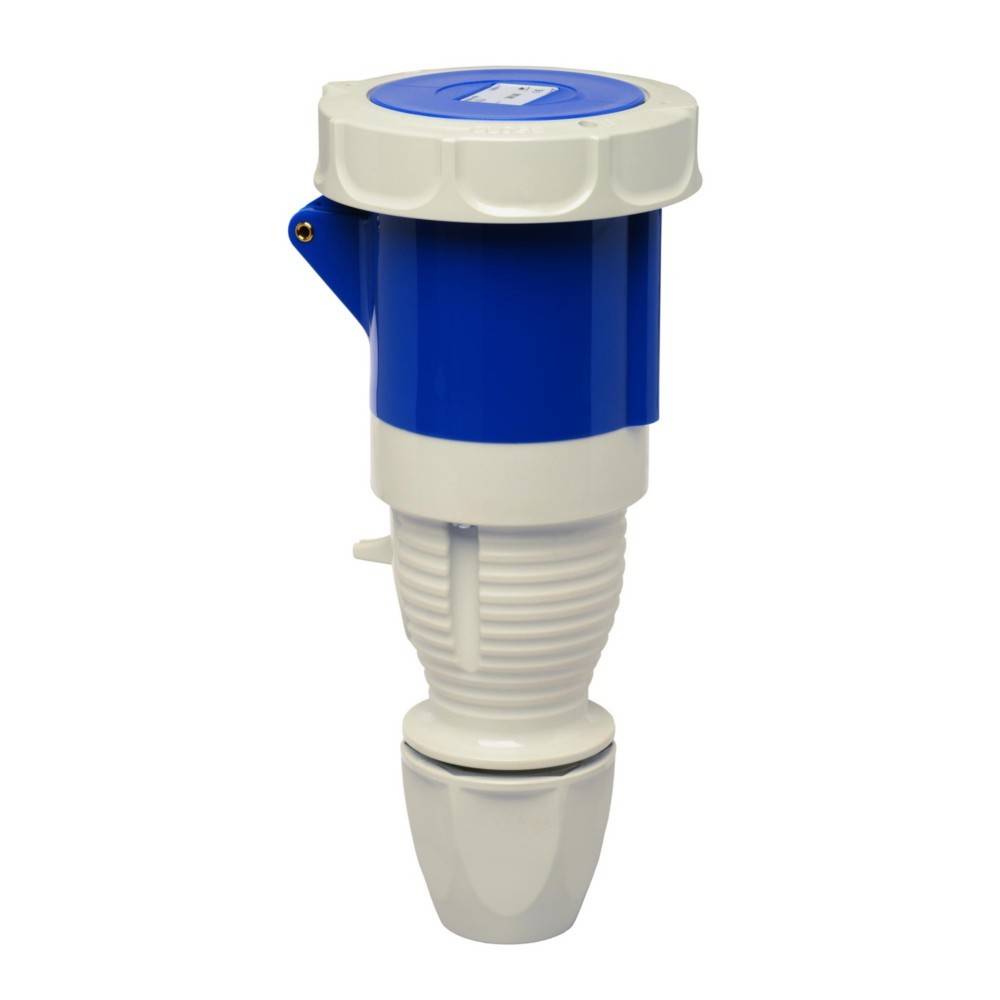 Ein industrieller blau-weißer Elektroanschluss mit einer Schutzkappe, für Hochleistungsverbindungen konzipiert, vor einem weißen Hintergrund abgebildet.