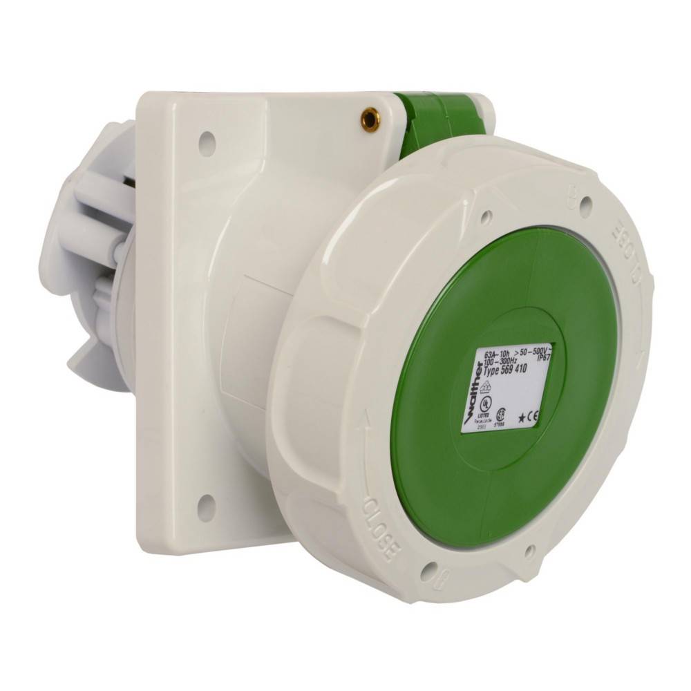 Grüne und weiße industrielle Stromsteckdose mit rundem Deckel und mehreren Befestigungslöchern, für sichere Wandmontage konzipiert.