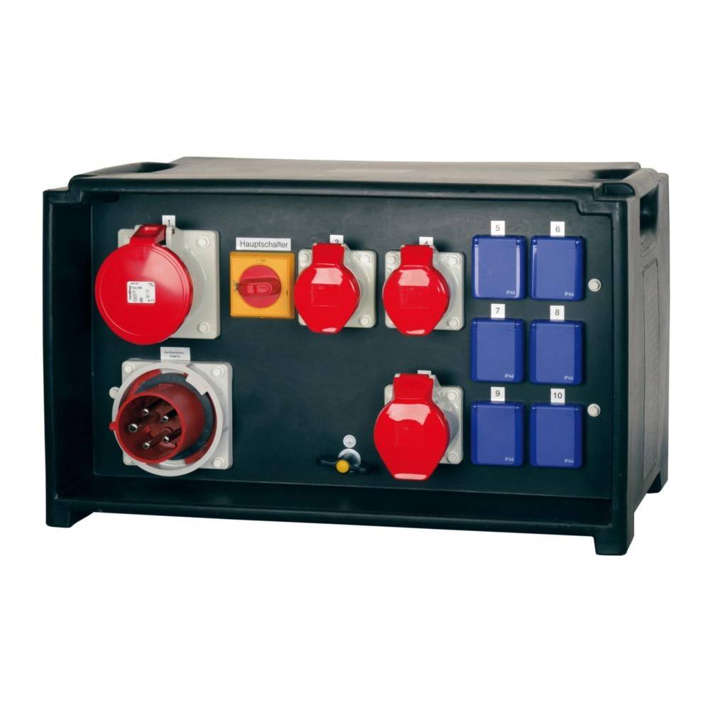 Stromverteilungseinheit mit verschiedenen roten und blauen Steckdosen, einem gelben Notaus-Knopf und einem roten Runddrehregler auf einem schwarzen Gehäuse.