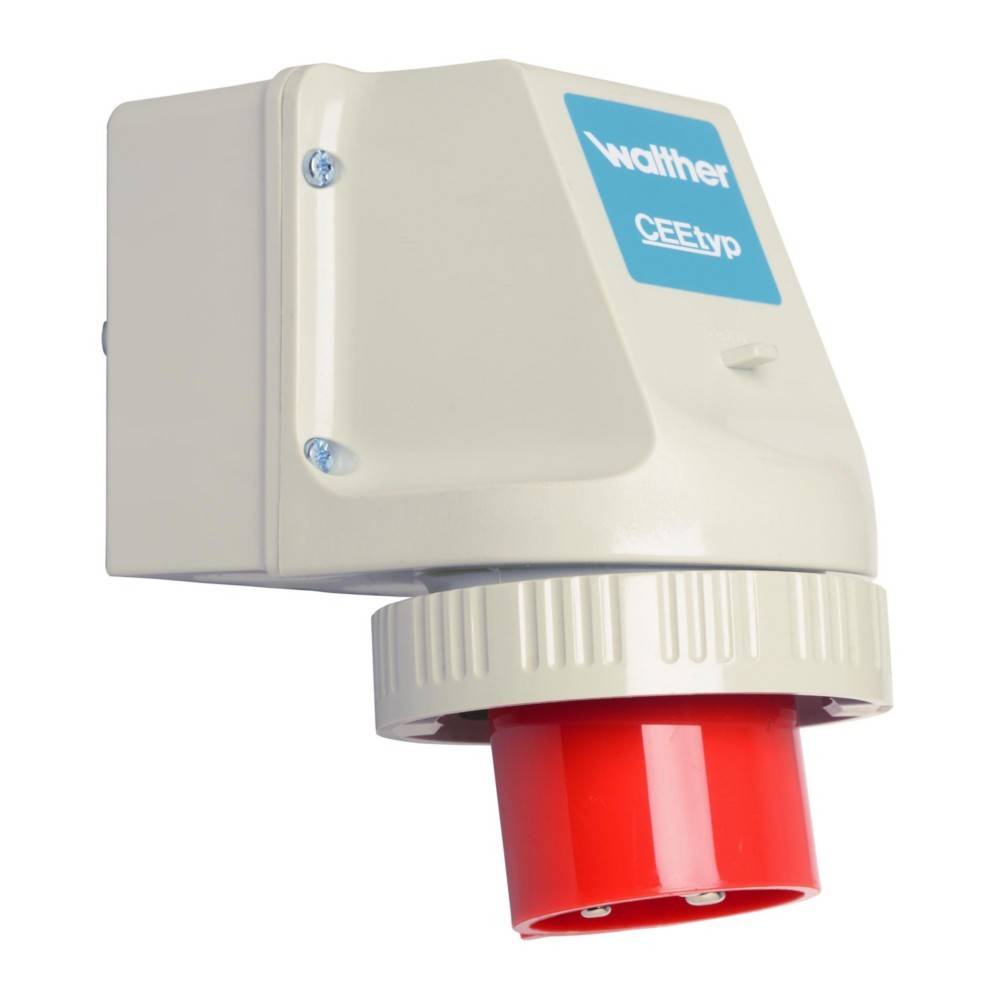 Ein grauer Walther CEEtyp Industriestecker mit einem roten Steckergehäuse, verwendet für elektrische Verbindungen in Anwendungen mit hoher Belastung.