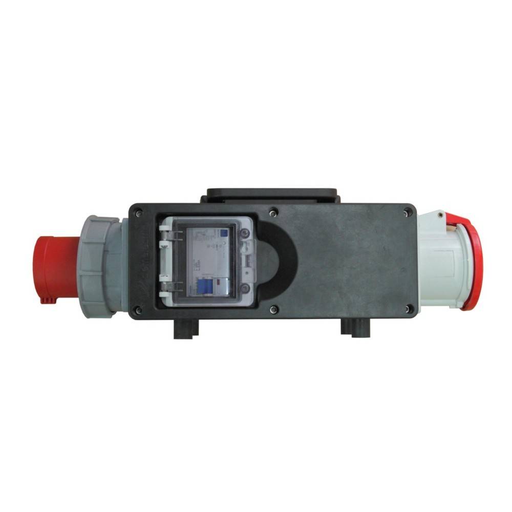 „Ein schwarzes elektrisches Gerät mit roten Anschlüssen an beiden Enden, das einen transparenten mittleren Abschnitt mit sichtbaren Innenkomponenten aufweist.