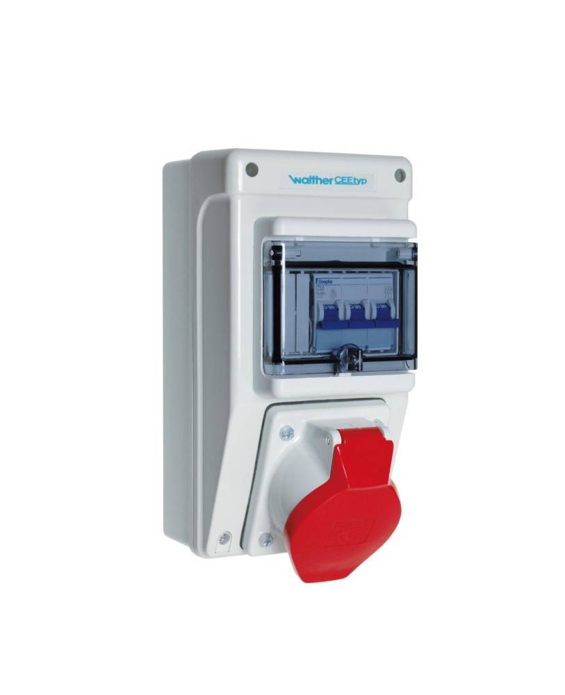 Elektrische Steckdosenbox mit transparentem blauem Deckel und rotem Schalter, von der Marke 'Walther Werke', für industrielle Anwendungen konzipiert.