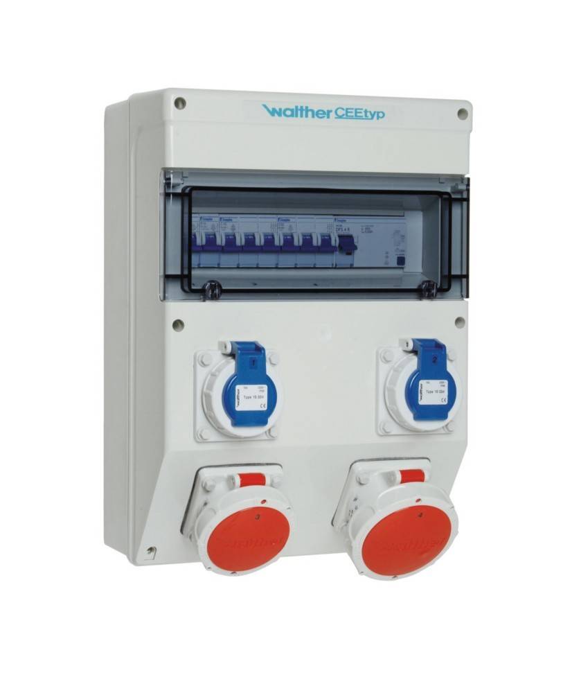 Walther CEETyp' Elektroverteilerdose mit mehreren Sicherungsautomaten und Steckdosen, hauptsächlich für industrielle Anwendungen.