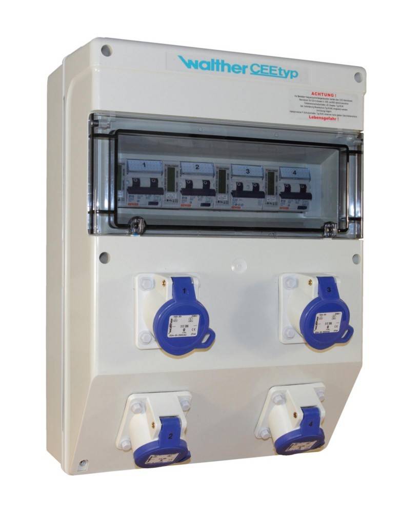 Elektrische Verteilerdose 'walther CEEtyp' mit Sicherungsautomaten und CEE-Steckdosen, konzipiert für industrielle oder gewerbliche Anwendungen.