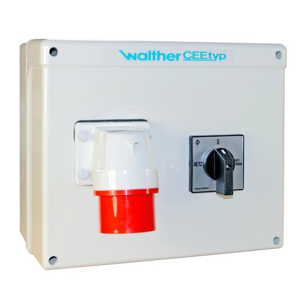 Elektrische Stromschalter- und Steckdosenbox mit der Beschriftung 