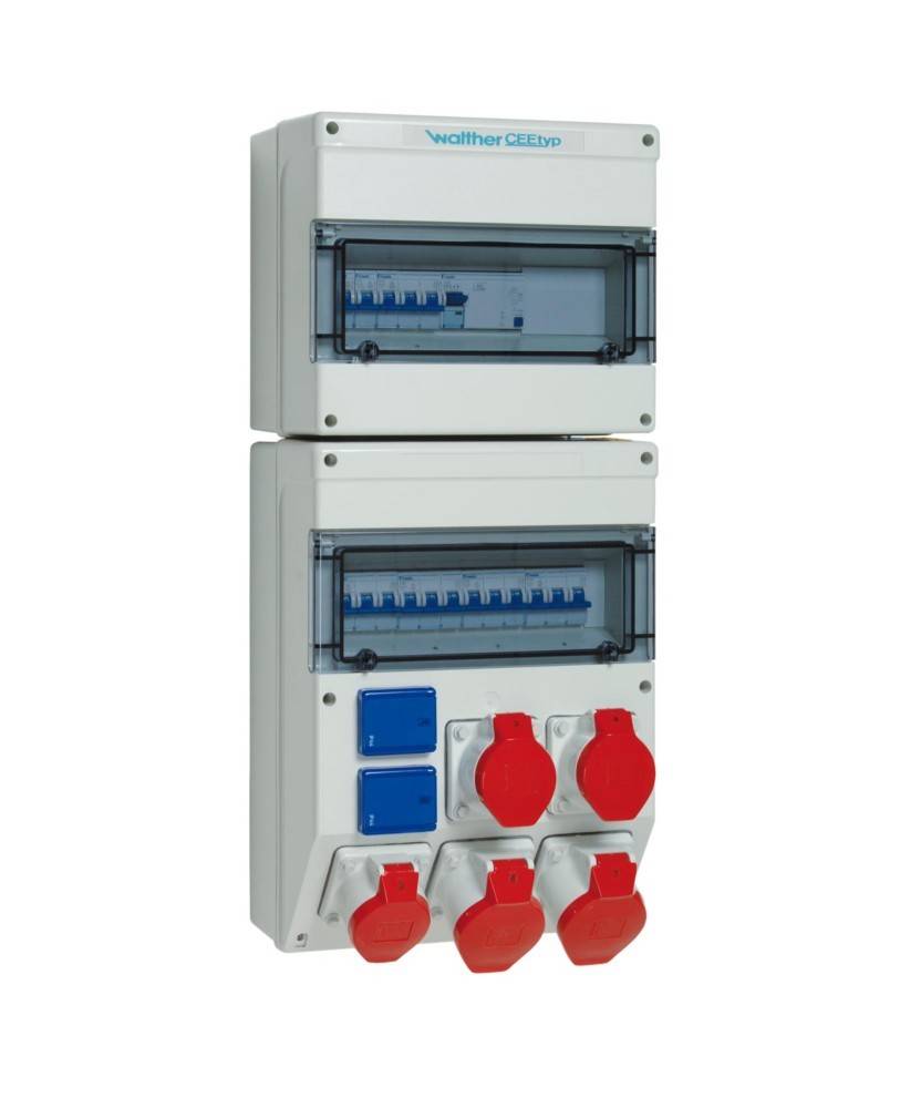 Elektrische Verteilerdose mit mehreren Sicherungsautomaten und roten Stromsteckdosen, konzipiert für industrielle oder Baustellennutzung.