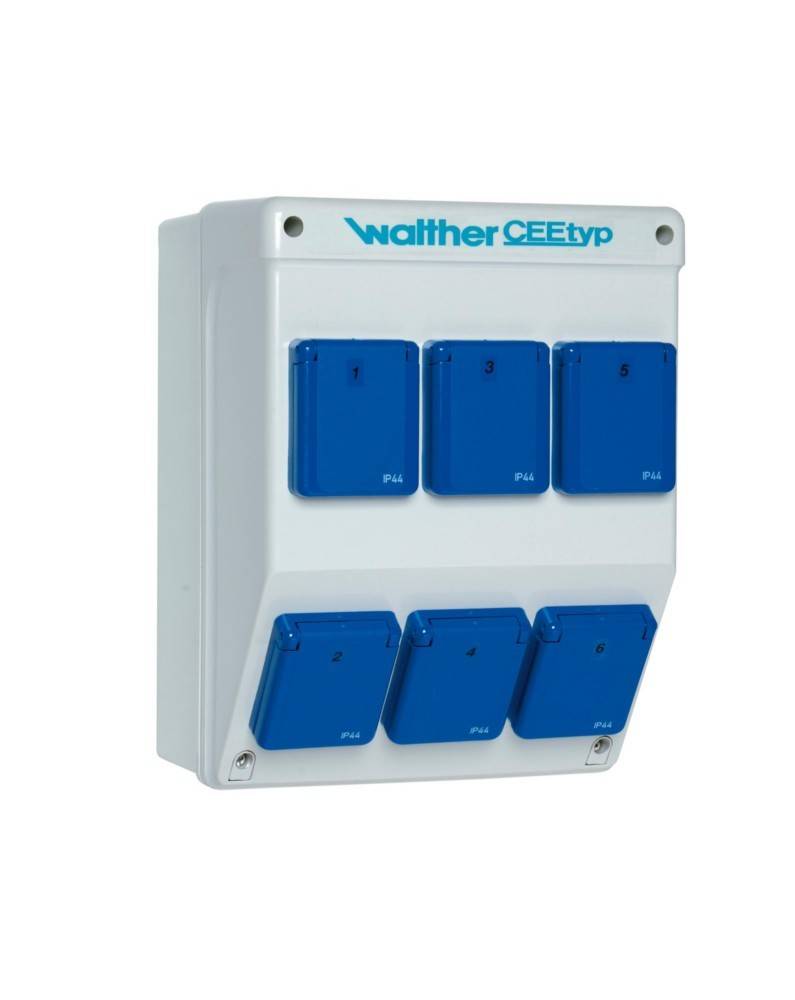 Eine weiße elektrische Verteilerdose mit sechs blauen Steckdosen, beschriftet mit „Walther CEEtyp