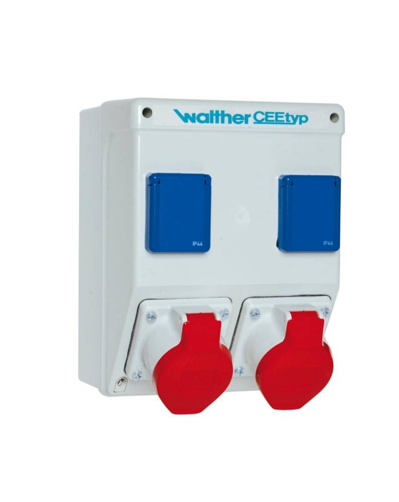 Walther CEETyp' Steckdosengehäuse mit zwei roten und zwei blauen Steckdosen, verwendet für robuste Stromverbindungen.