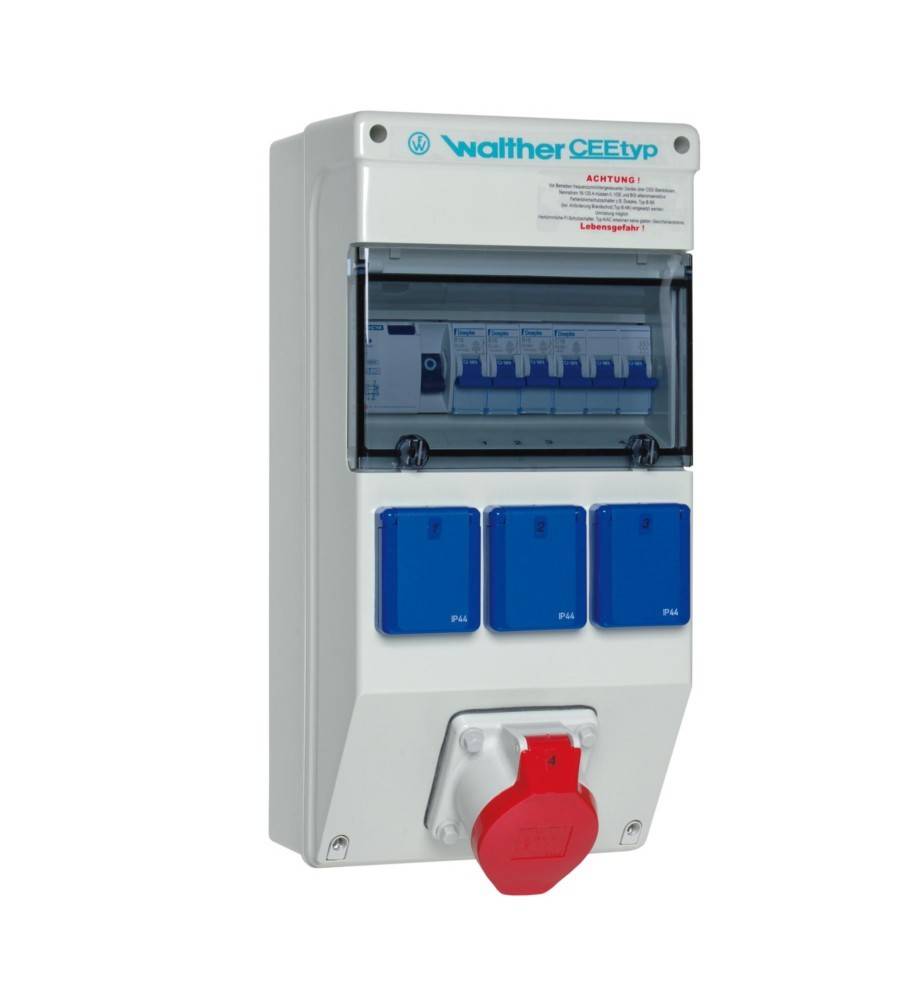 Elektrische Verteilerdose mit drei blauen Steckdosen, die mit '16A' beschriftet sind, und einer roten Steckdose, die mit '32A' beschriftet ist.