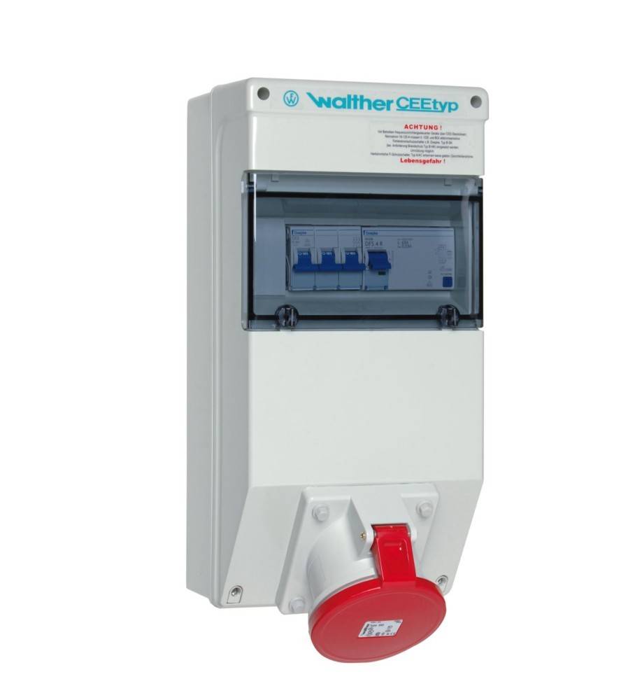Walther CEEtyp AC1 Typ 1 Li Verteilerkasten mit Schalterpanel und rotem Steckdosenstecker.