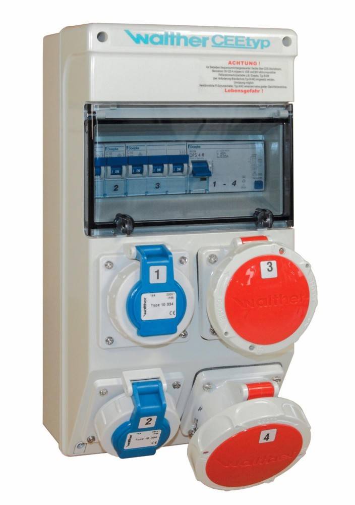 Elektrische Verteilerdose mit Sicherungsautomaten und Stromsteckdosen, mit Nummern beschriftet. Ein roter Notaus-Knopf ist sichtbar.