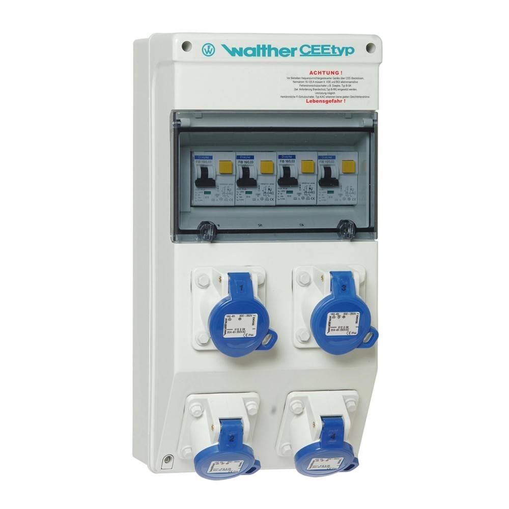 Elektrische Stromverteilungseinheit mit Walther CEEtyp-Beschriftung, ausgestattet mit mehreren Leitungsschutzschaltern und Steckdosen für industrielle Anwendungen.