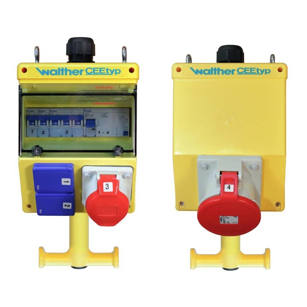 Gelbe Walther CEEtyp Stromverteilerdose mit mehreren blauen und roten Steckdosen, Vorder- und Rückansicht, verwendet für elektrische Anschlüsse.