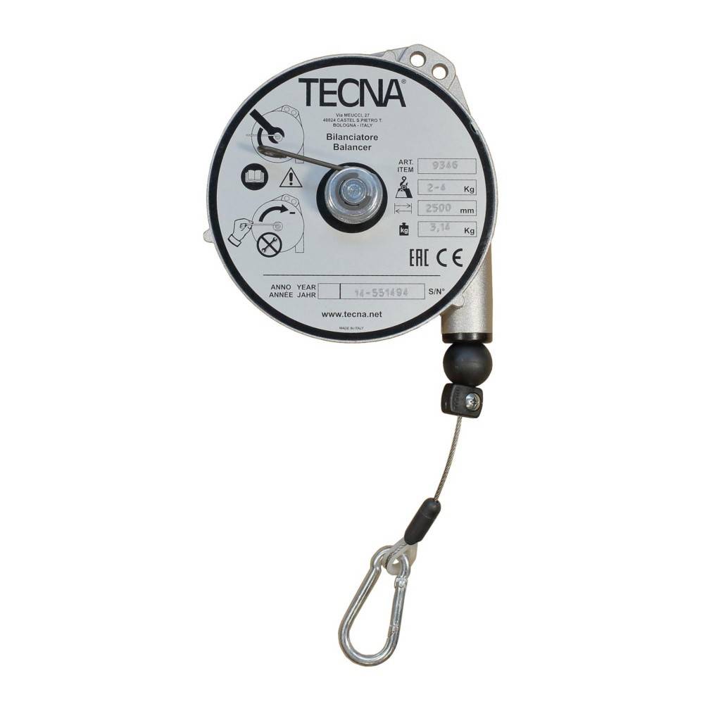 Reel-Balancer-Gerät der Marke 'Tecna' mit Kabel und Haken, gekennzeichnet mit Tragfähigkeit und anderen Spezifikationen, verwendet zur Lastunterstützung.
