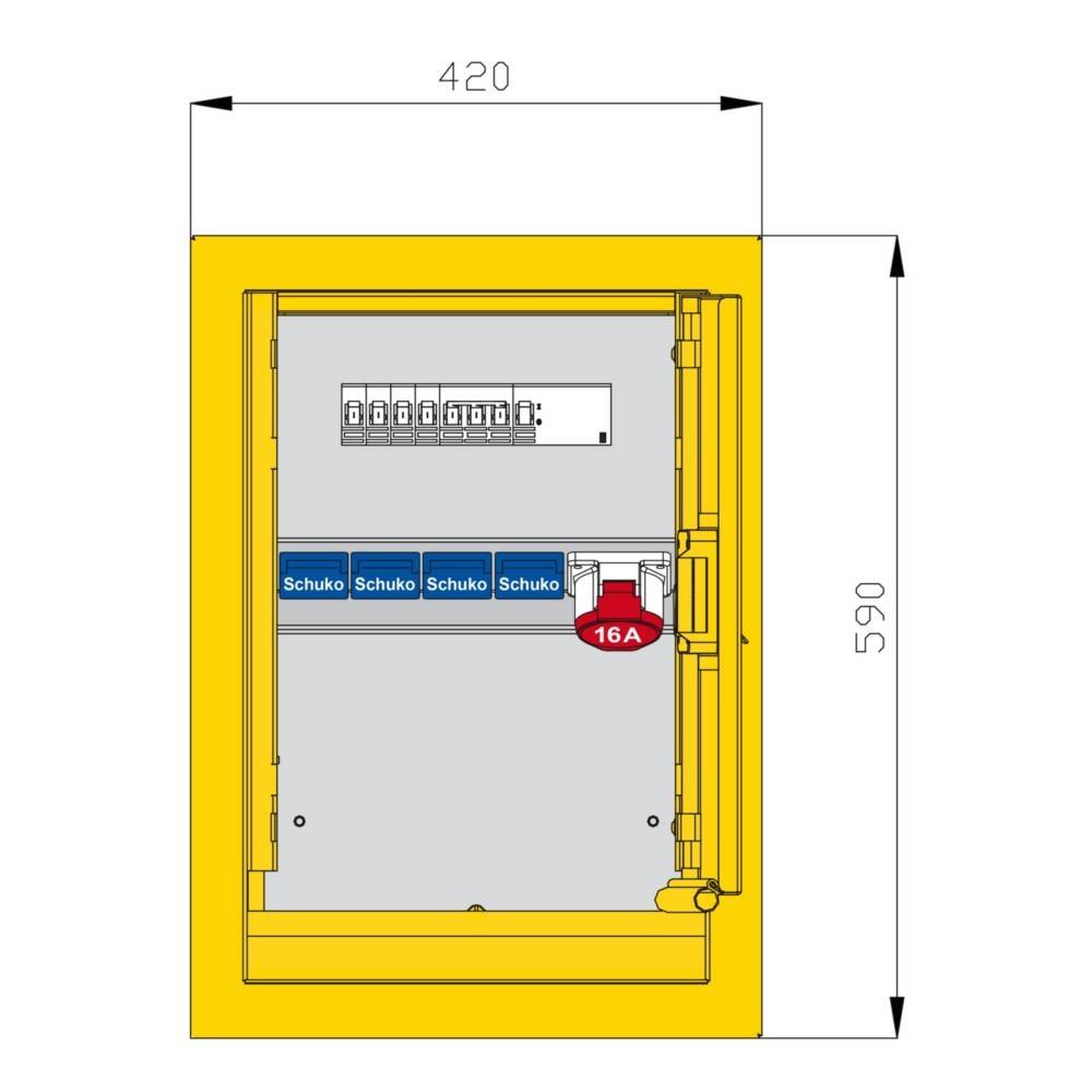 Eine elektrische Verteilerdose mit Abmessungen von 420x590 mm, ausgestattet mit Sicherungsautomaten und Steckdosen vom Typ 'Schuko' für 16A Stromversorgung.